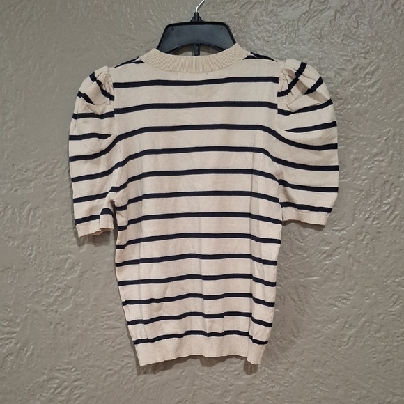 Fitted Ribbed Puff Sleeve Tee Blue and Cream - Picture 5 of 6